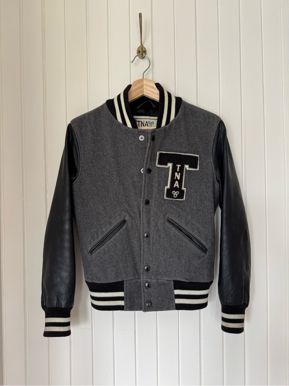 TNA Black & Gray Wool Leather-Sleeve Varsity Jacket